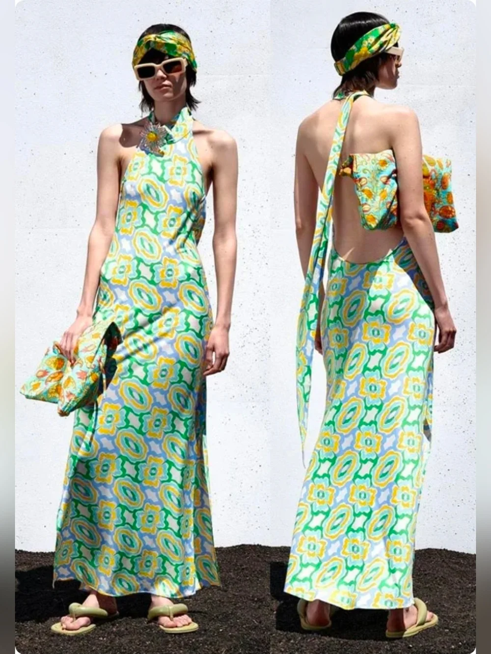 ZARA Viral Halter Maxi Dress Open Back Floral Scarf Tie Euro Summer S - Picture 3 of 17